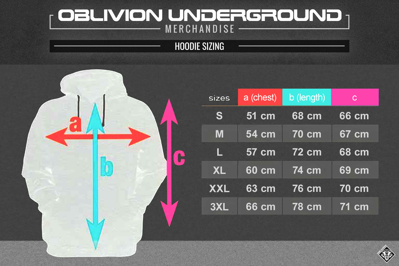 HOODIE SIZES CHART - Oblivion Underground Merch - Electronic Music Record Label - Recordings & Events - oblivion-underground.com